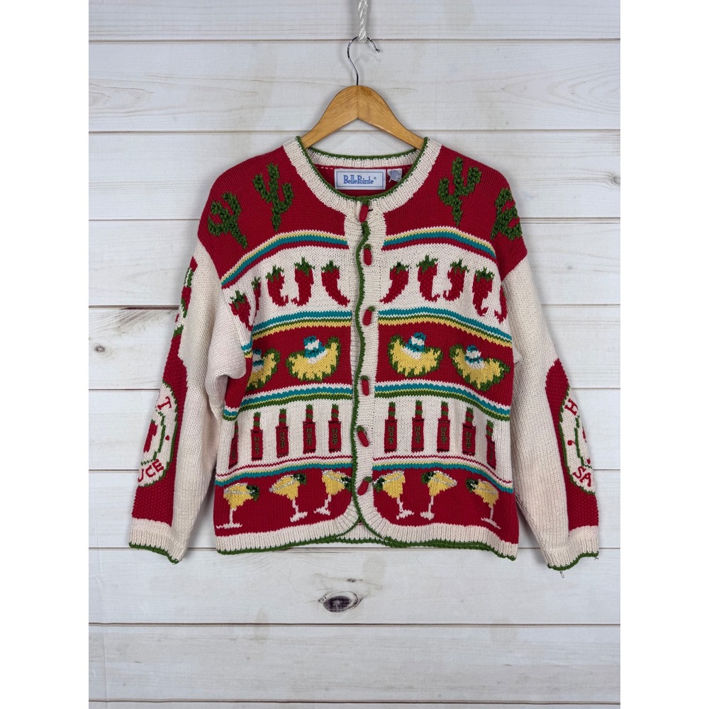 VTG BellePointe Sweater Womens M Fiesta Chili Pepper Cactus Beaded Cardigan